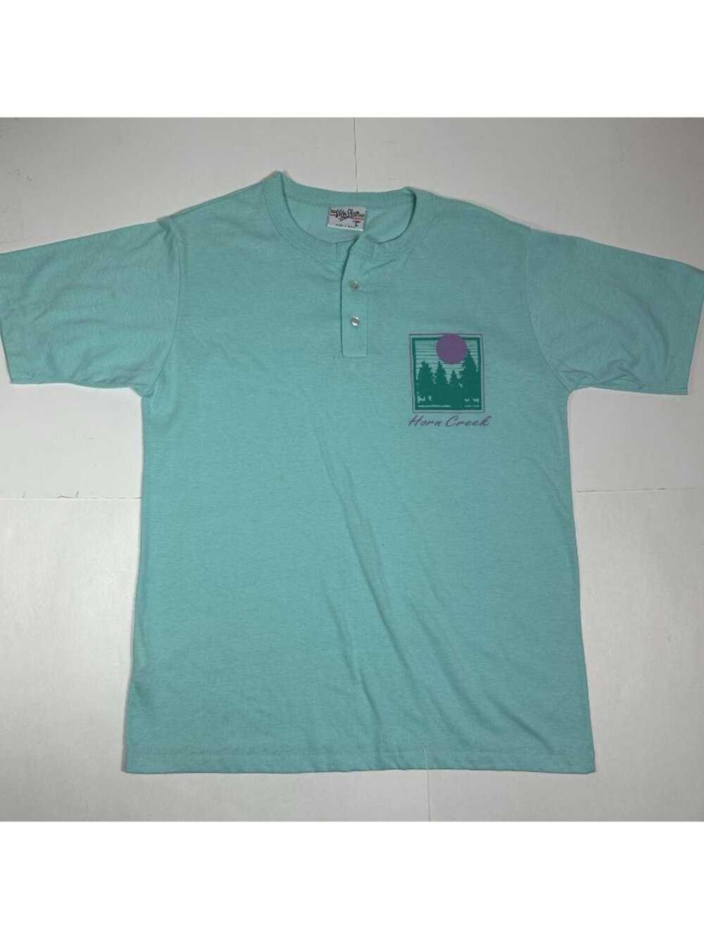 Vtg 80s Velva Sheen Men Teal Henley T-shirt Horn Creek Print Single Stitch Sz L